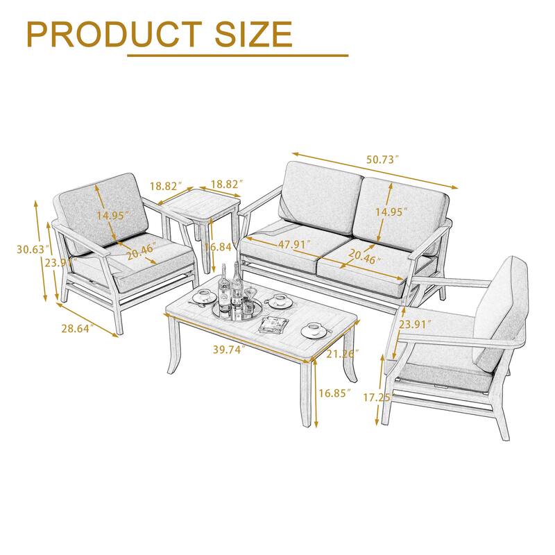 5-Piece Outdoor Teak Wood Patio Conversation Set with Cushions