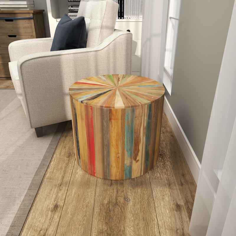 Brown Reclaimed Wood Handmade Pinwheel Drum Geometric Coffee Table with Colorful Painted Accents
