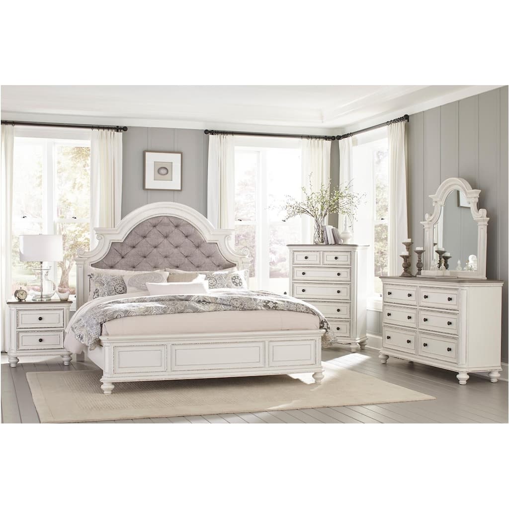 Milena 4 Piece White Gray Traditional Fabric Upholstered Tufted Panel Bedroom Set
