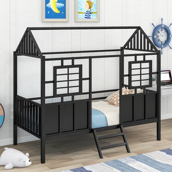 slide 2 of 9, Black Playhouse Inspired Metal Low Loft Bed with Roof and Front Windows - Twin Size