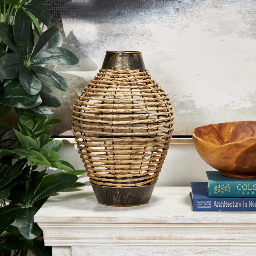 Bronze Plastic Rattan Handmade Twisted Decorative Vase with Open Frame Design and Bronze Metal Details