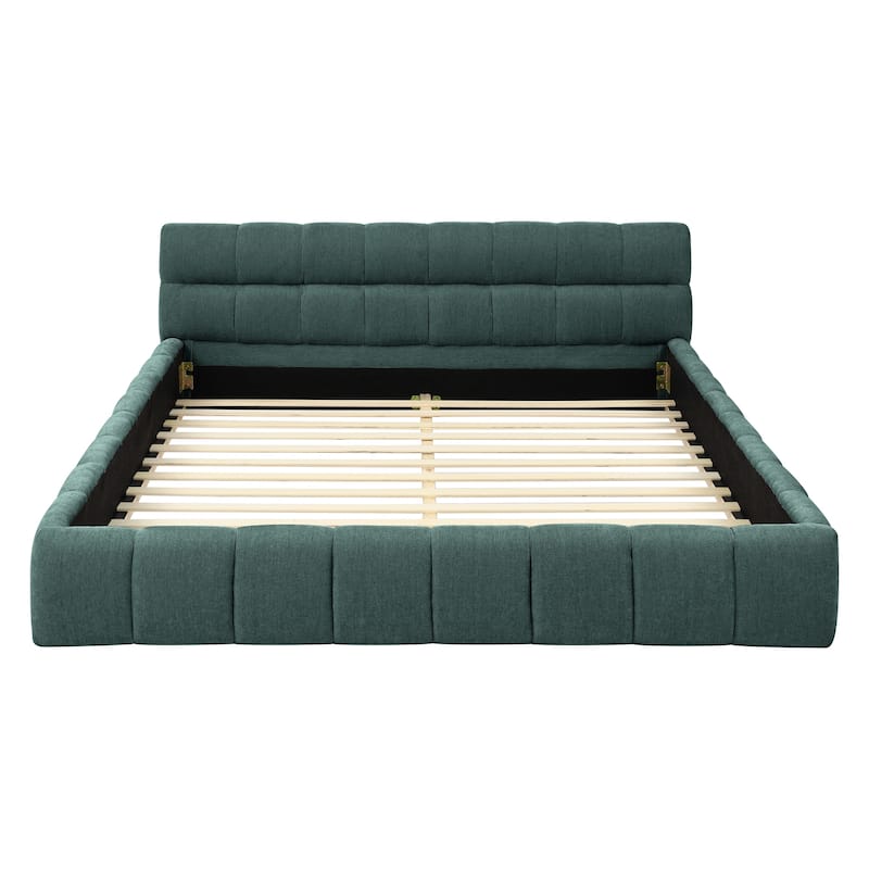 Chenille Fabric Grounded Queen Size Platform Bed with Headboard and Solid Frame