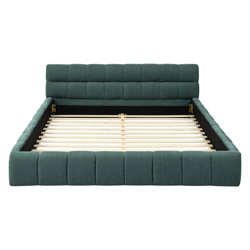 Grounded Bed Queen Size Platform Bed Thick Chenille Fabric Upholstered Bed with Wood Slats Support Bed Frame for Bedroom