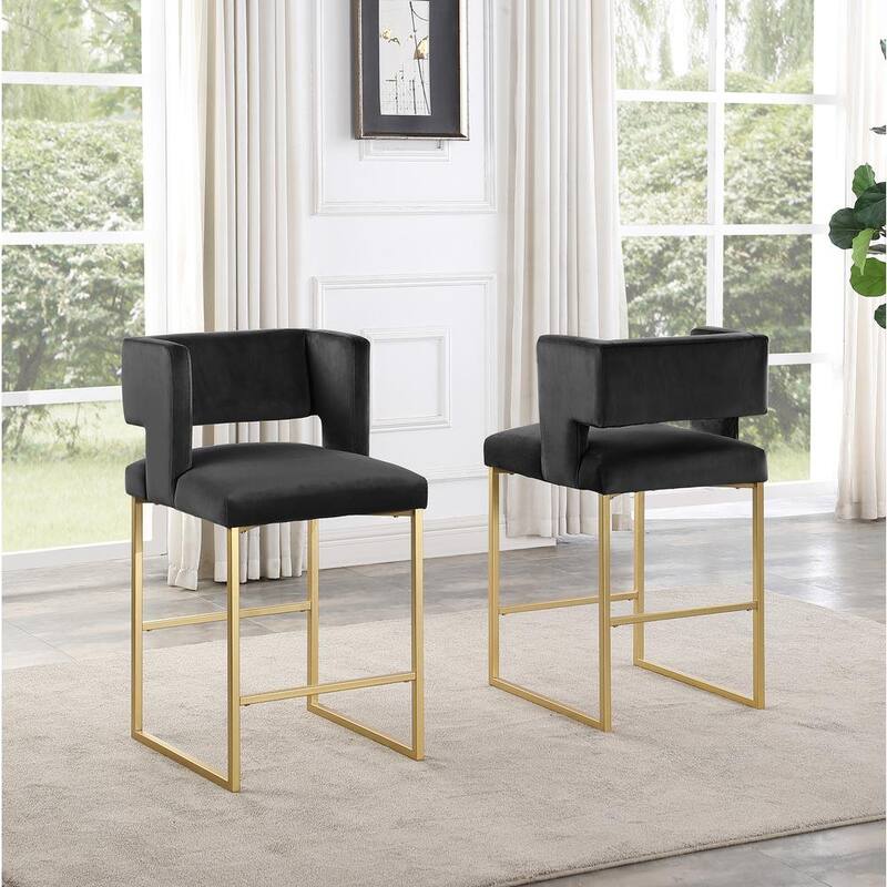 27 Inch Counter Stool Set of 2 with Soft Padded Black Velvet Upholstery, Gold Metal Legs, Kitchen Side Stool - Black+Gold