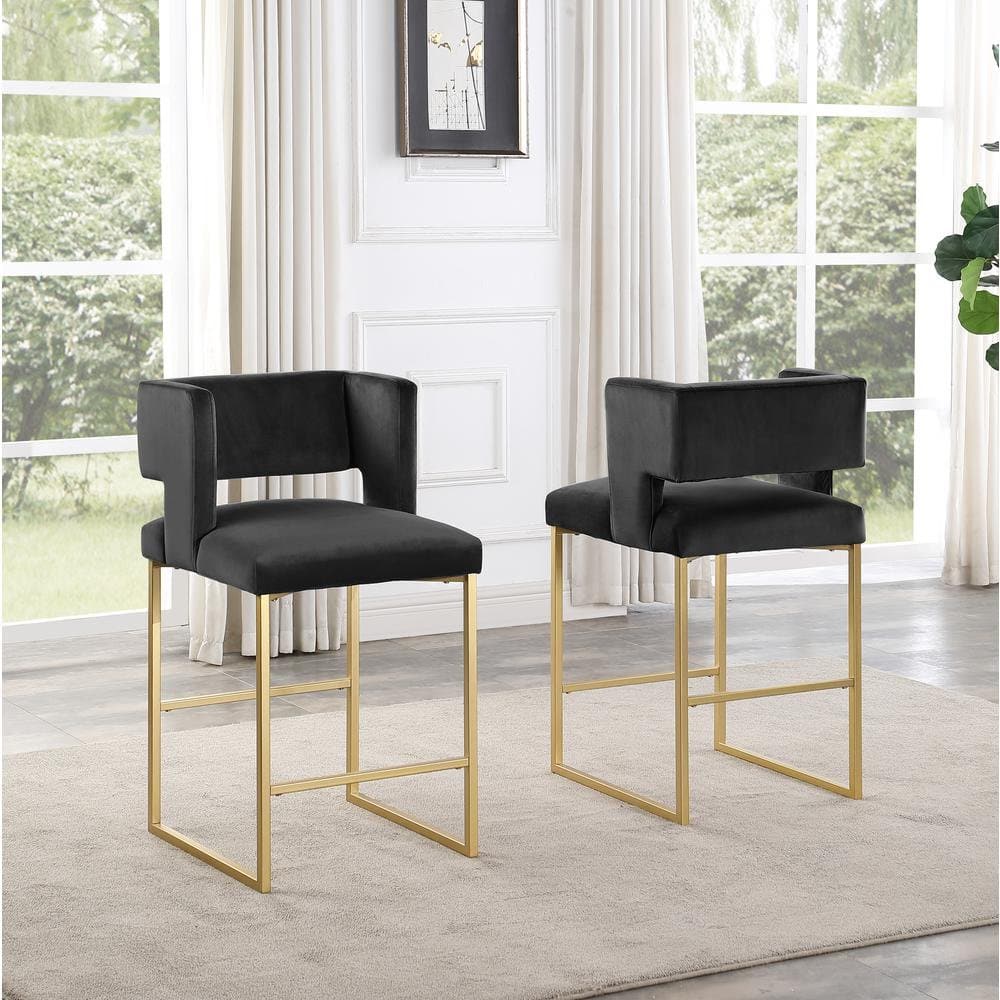 27 Inch Counter Stool Set of 2 with Soft Padded Black Velvet Upholstery, Gold Metal Legs, Kitchen Side Stool