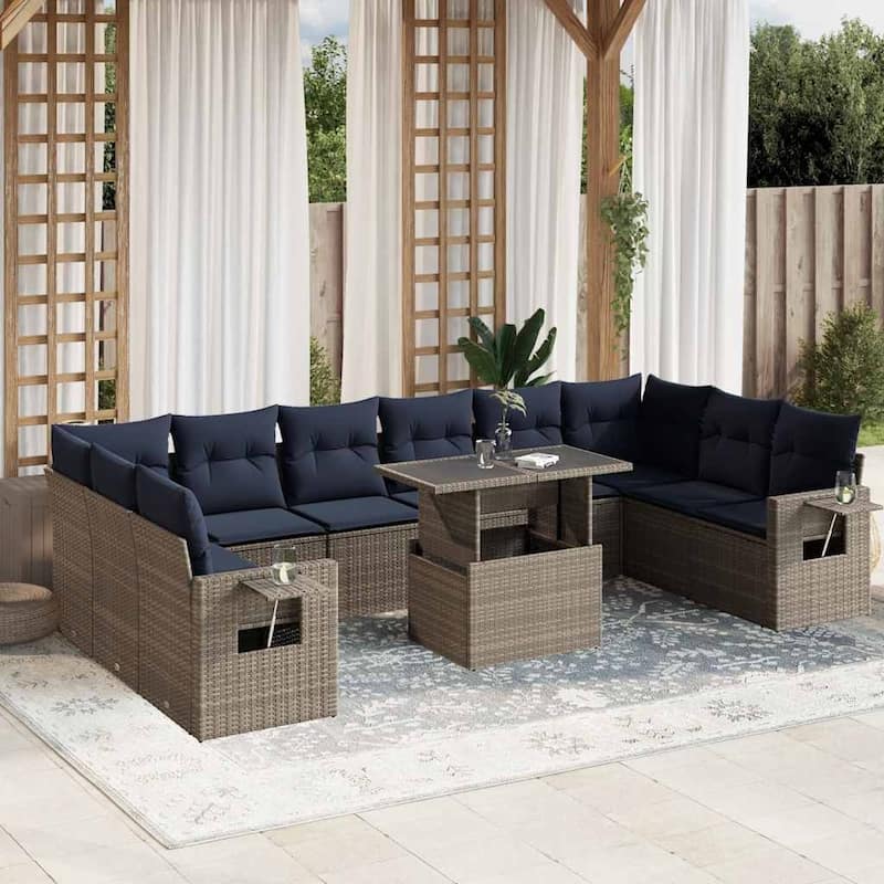 vidaXL 11 Piece Patio Sofa Set with Cushions Black/Gray Poly Rattan - 24.4 x 24.4 x 27.2 - Gray