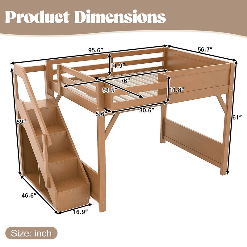Full/Twin Loft Bed with Built-in Wardrobe, Storage & Stairs - Solid Wood, Full-Length Guardrails, No Box Spring