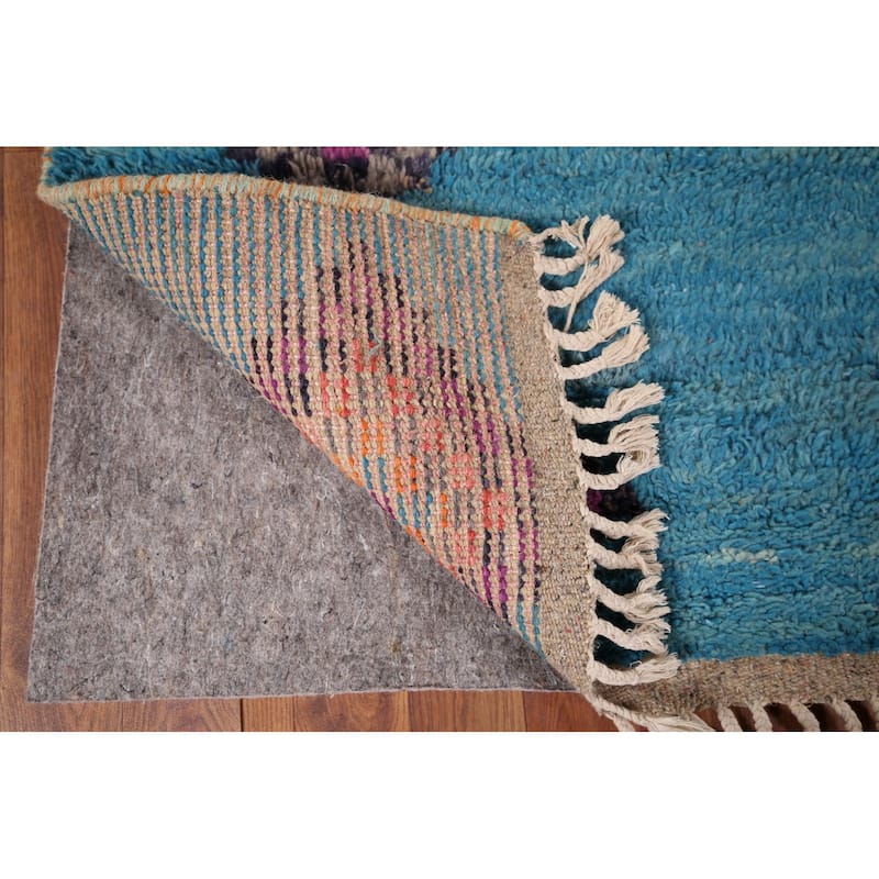 Plush Geometric Blue Moroccan Accent Rug Hand-Knotted Wool Carpet - 3'1" x 5'7"