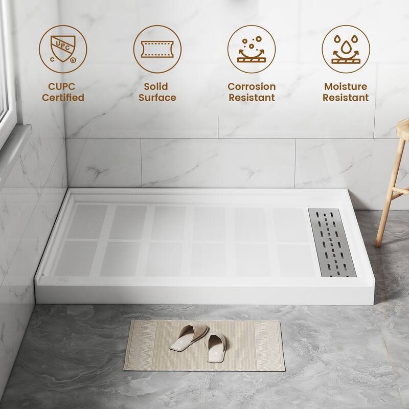 48 in. x 36 in. Elegant White Single Threshold Anti-slip SMC Rectangular Shower Base with Drain and Stainless Steel Drain Cover