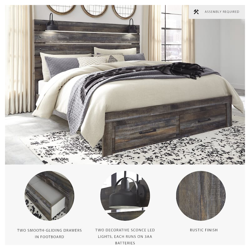 Drystan Rustic Brown Panel Bed with Footboard Storage Drawers