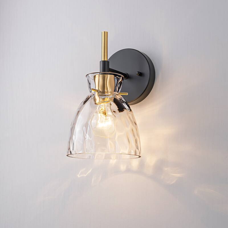 1-Light/3-Light Matte Black and Antique Brass Bathroom Vanity Light with Water-Rippled Glass Shade