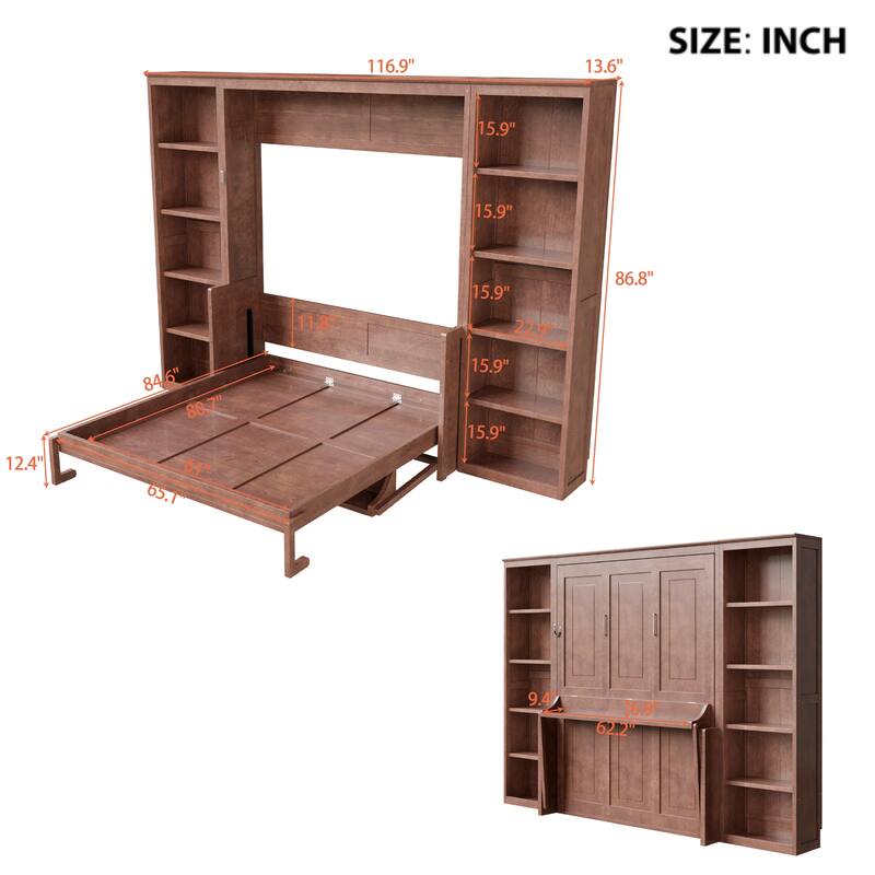 Roomfitters Full/Queen Size Murphy Bed with Desk and Bookshelf Storage, Space Saving, Dark Brown