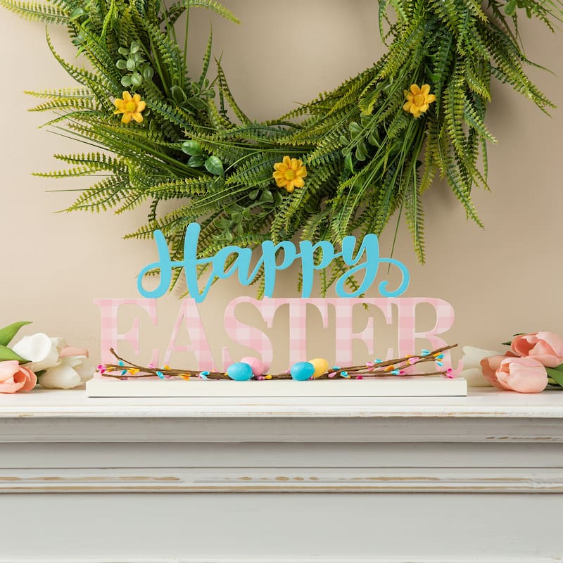 Glitzhome Wooden EASTER HOP Happy Easter with Artificial Rattan Table Sign Decor Centerpiece