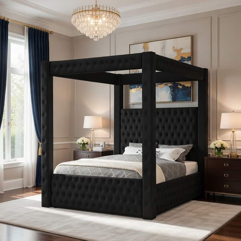 Beli King Size Canopy Bed, Tufted Design, Black Velvet Upholstery - Black
