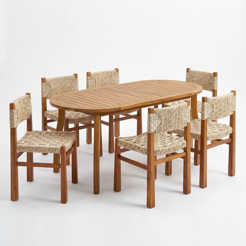 Christopher Knight Home - Tsuneko 7-Piece Outdoor Acacia Wood Dining Set with Woven Wicker Chairs & 70" Oval Dining Table