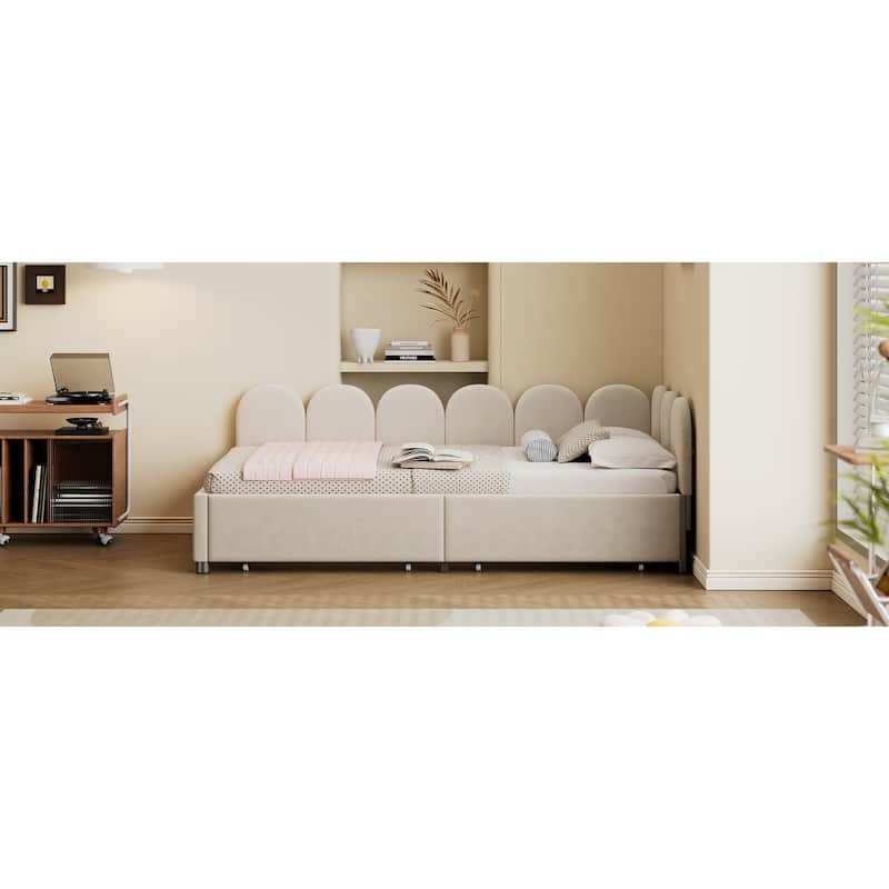 Beige Twin Size Velvet Upholstered Daybed with 2 Drawers and Soft Fabric Headboard for Bedroom