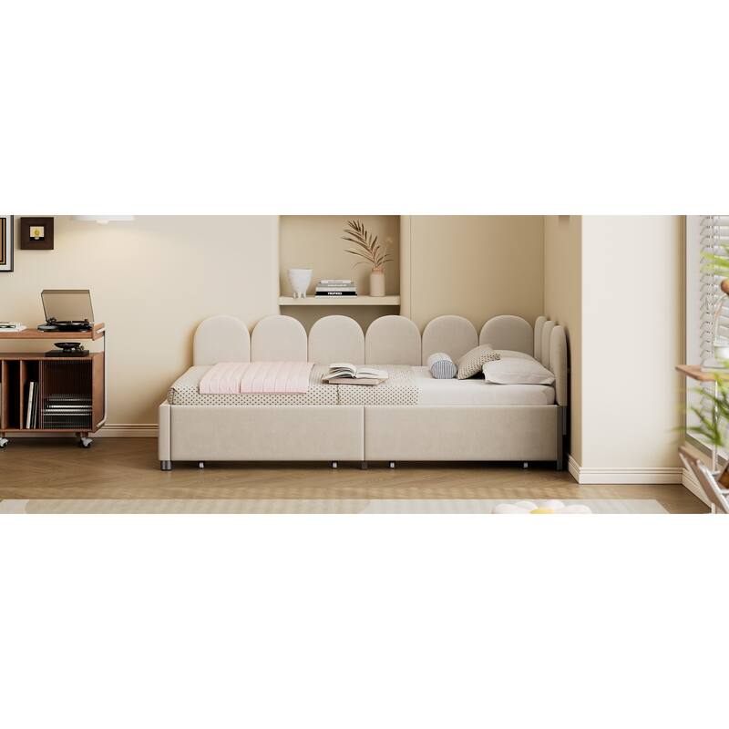 Velvet Upholstered Daybed with Two Drawers and Soft Headboard