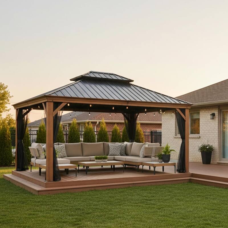 PURPLE LEAF Hardtop Gazebo Galvanized Steel Roof Gazebo Pergola w Wooden Coated Alumninum Frame and Mosquito Net
