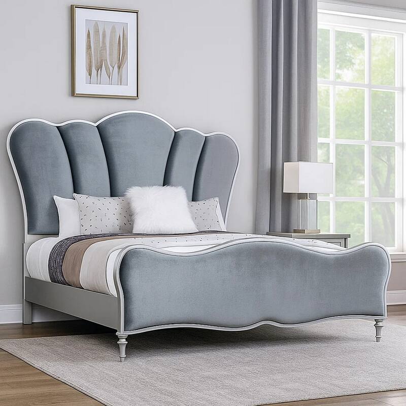 Eleena King Bed, Scalloped Padded Channel Tufting, Silver Upholstery