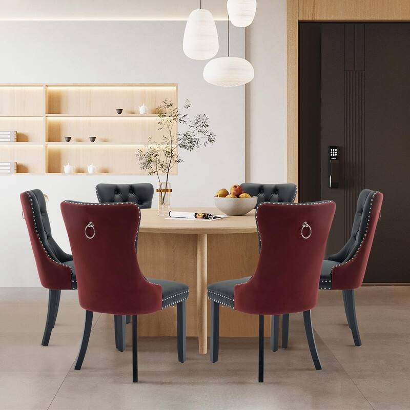 Tufted Naliheads Solid Wood Upholstered Dining Chairs Set of 6 - BlackWine BlackLegs