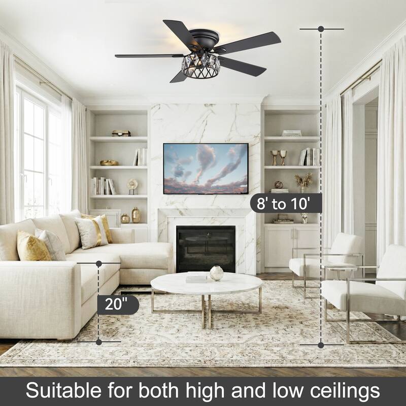 52 inch 5-Blade Flush Mount Crystal Ceiling Fan with Light Remote