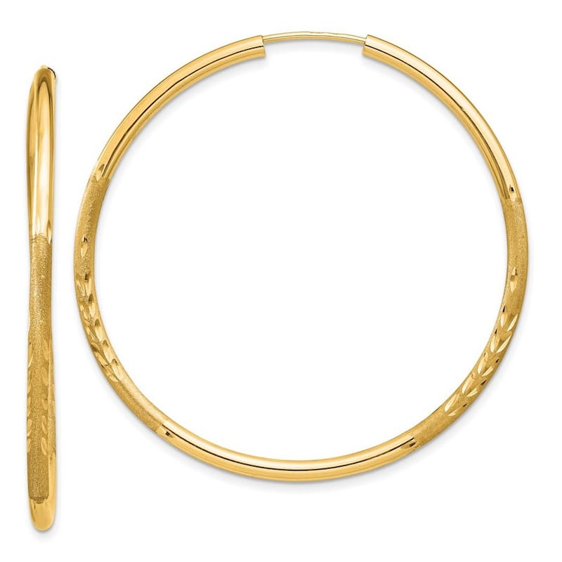 Curata 14k Yellow Gold Polished tube 2mm Satin Sparkle Cut Endless Hoop Earrings - 40x40mm Wide 2mm Thick