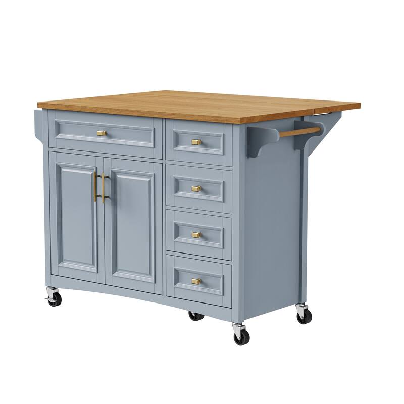 Haloi MDF Rolling Kitchen Island with Drop Leaf and 5 Drawers(52-in x30-in x36-in)