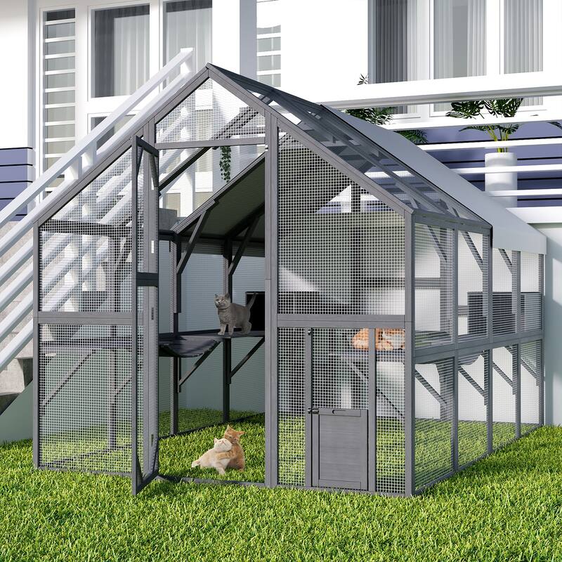 57.2ft² Large Wooden Outdoor Cat House, with 2 Cat Doors, Roof Cover