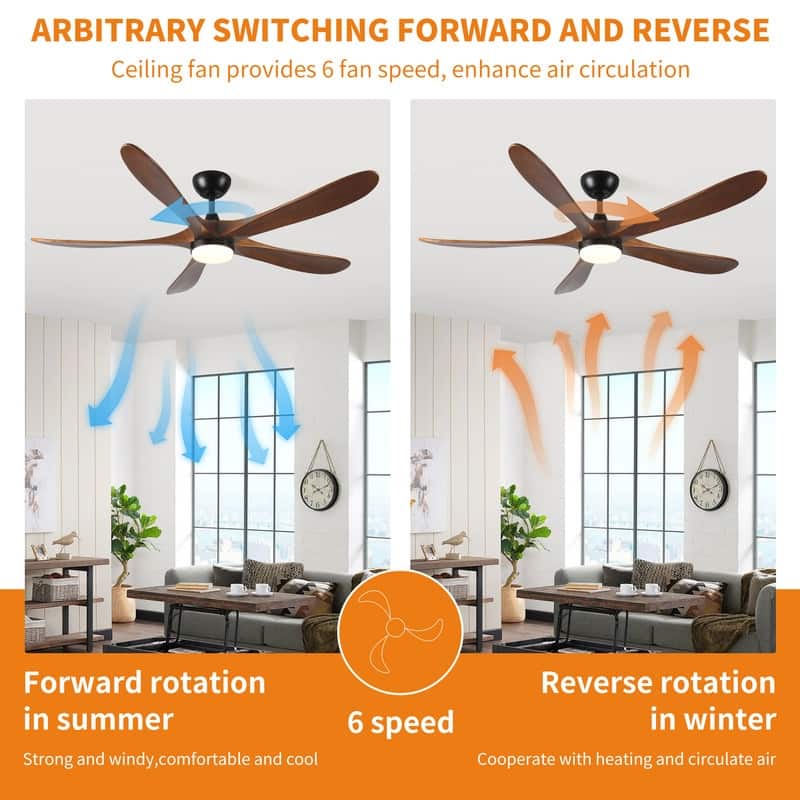 62 in. Solid Wood with Remote Control with Light, DC Motor Indoor/Outdoor 5-Blade Ceiling Fan for Patios, Bedrooms&Farmhouses
