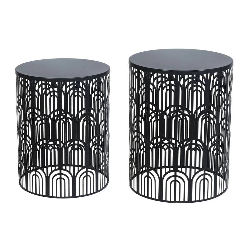 Adeco Set of 2 Round Metal Nesting Side End Tables Set - set of 2 - Black-U-Pattern