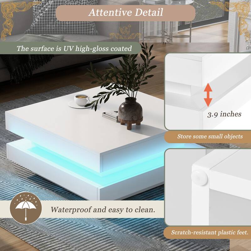 Modern LED Lighted Square Coffee Table, High Gloss Finish - 2-Tier Center Table for Living Room (31.5" x 31.5" x 14.2")