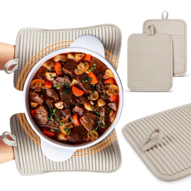 Cheer Collection Ribbed Silicone Pot Holders 2 Pack Cotton Lined - Tan