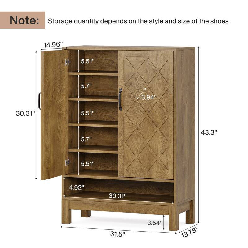 Shoe Storage Cabinet with Doors, 6-Tier Adjustable Farmhouse Shoe Organizer