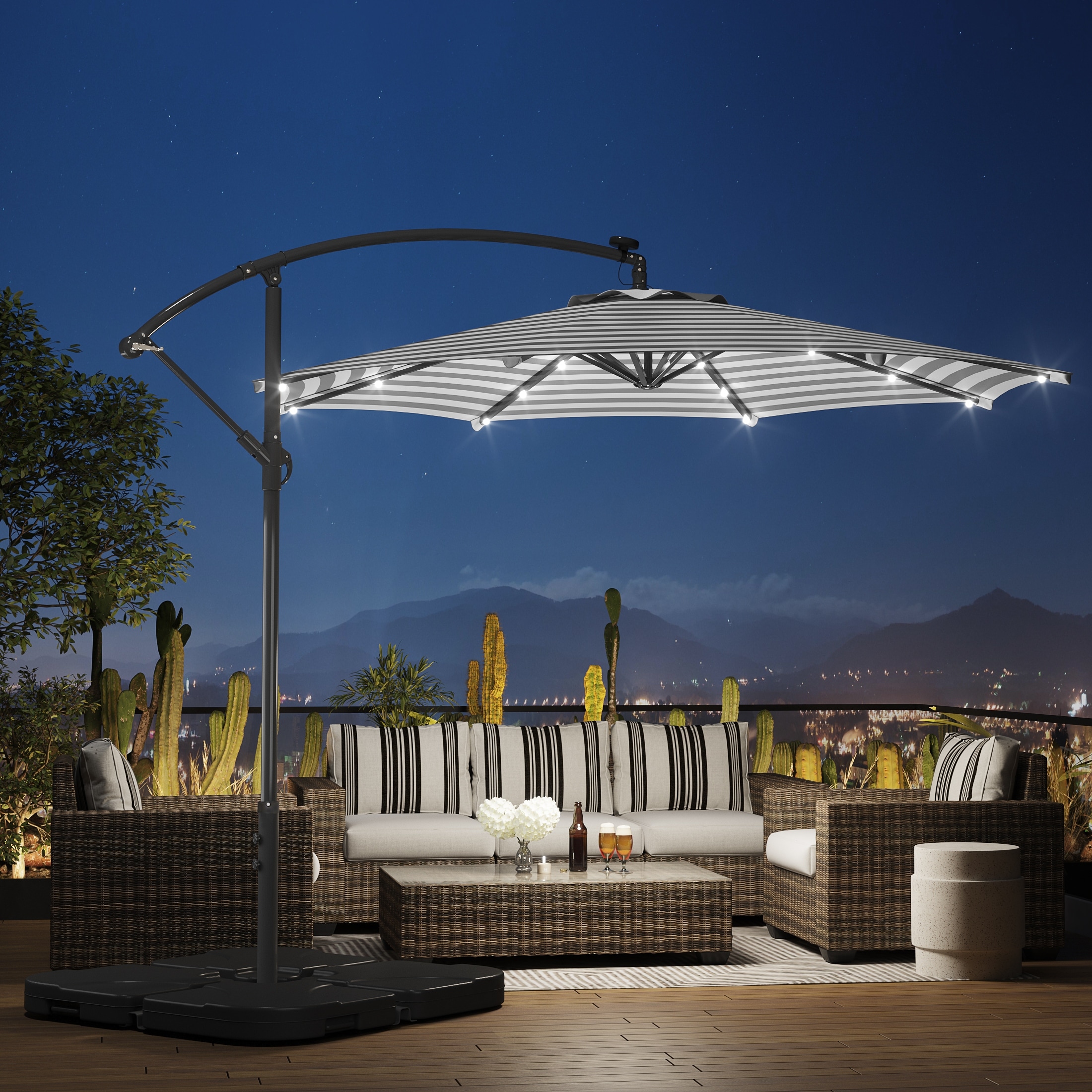 10 foot black patio umbrella WESTLAKE Ft Solar LED Cantilever Offset w/ Included 4-Piece Base Weights, Gray free guarantee Polytrends 10 Ft. Solar Power