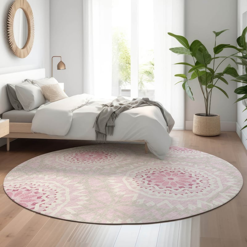 Premium Washable Super Soft Boho Global Mayfield Rug - Pink - 8' x 8' - Round