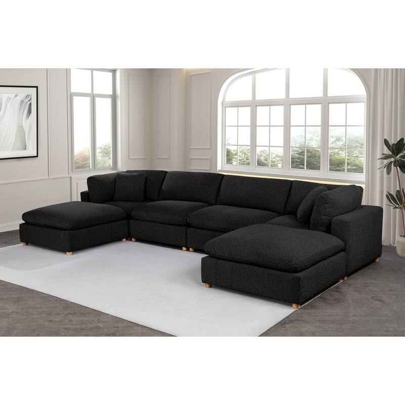 Best Quality Furniture 4-Piece Sectional Boucle Fabric - Black with 2 Ottoman