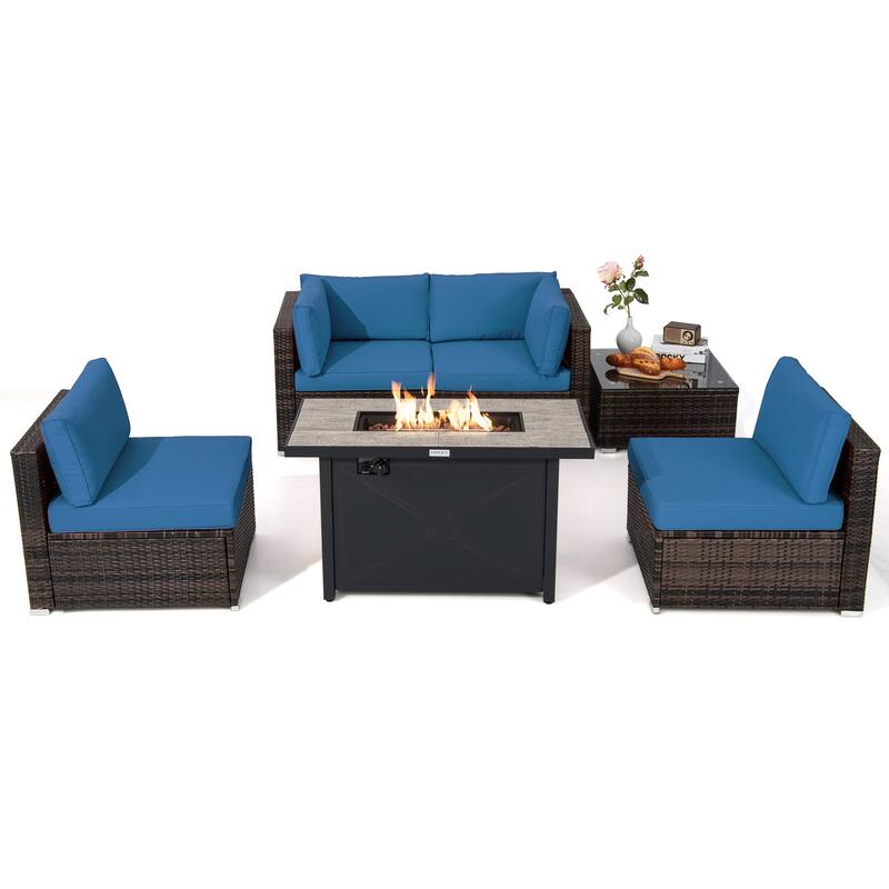 Costway 6PCS Patio Furniture Set Rattan Cushioned Sofa Gas Fire Pit - See Details