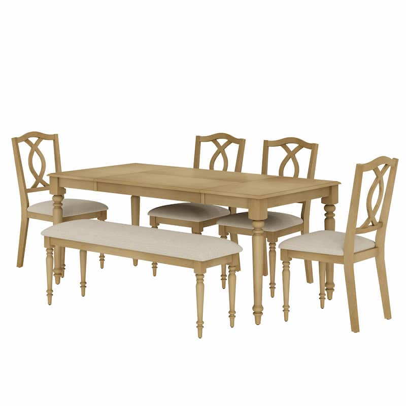 6 Piece Dining Table Set, Table with Bench & 4 Cross-Back Chairs, Oak