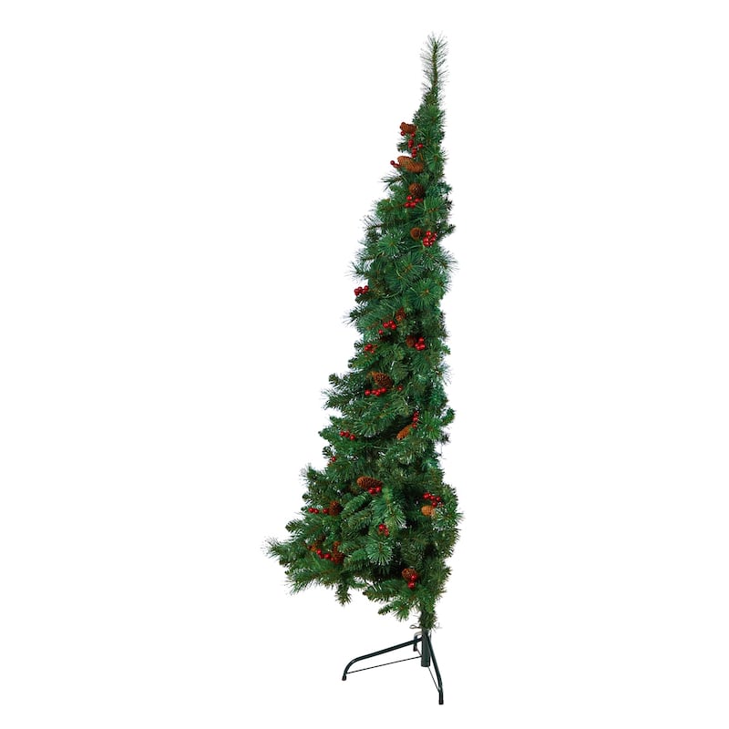 6ft. Flat Back Pine Artificial Christmas Tree with Pinecones, Berries & 150 Warm White LED Lights - Festive Holiday X-Mas Accent