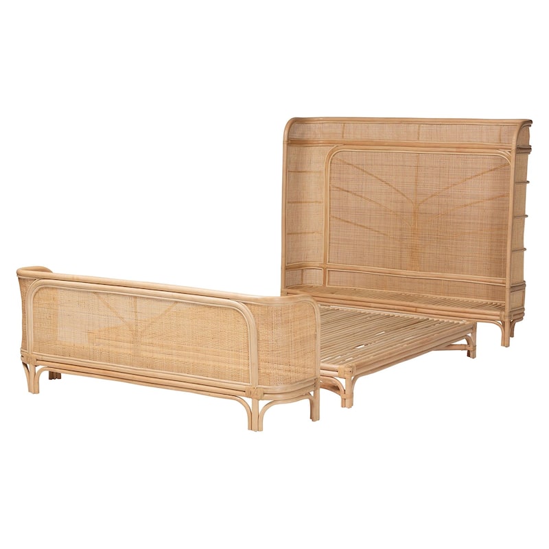Fiore Natural Rattan Bed Frame - Handwoven Wicker Headboard and Footboard with Curved Corners, Boho Coastal Furniture, Queen