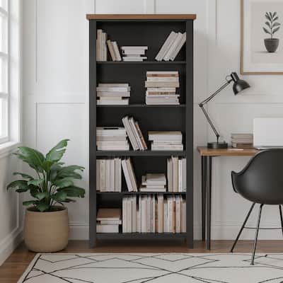 Bridgevine Home Modern Farmhouse 72 inch high 5-shelf Bookcase, No Assembly Required, Two-Tone Finish