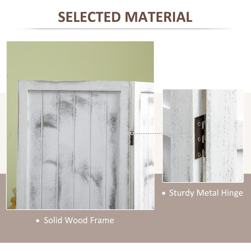 White Paulownia Wood MDF Foldable Room Divider with Rustic Panels - 63.25" W x 67" H x 0.75" D