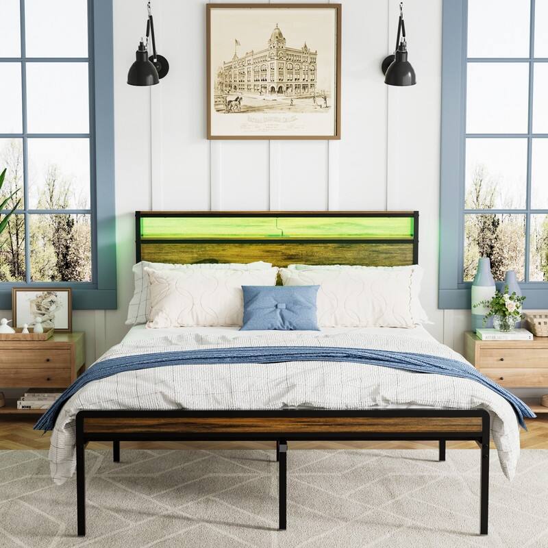 Industrial Style Queen Size Metal Bed Frame with Storage Headboard and Charging Station