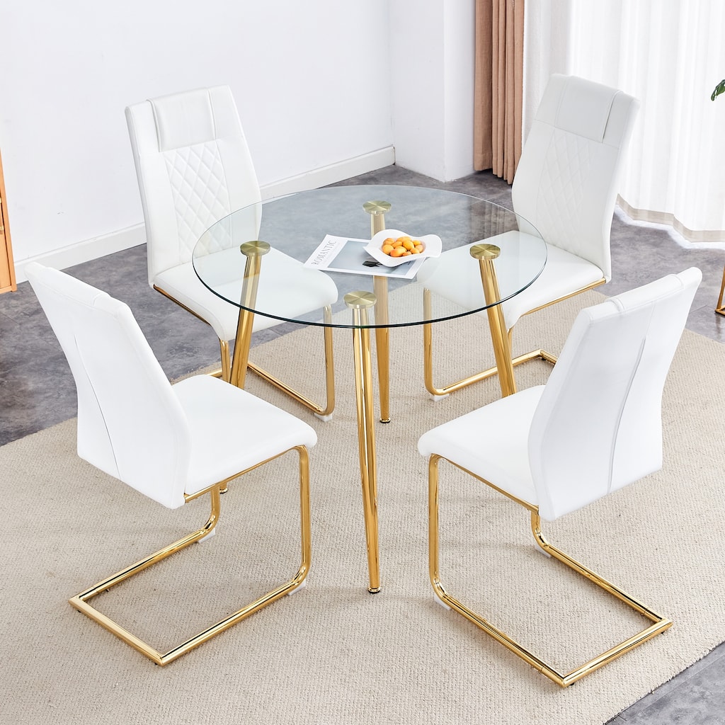 5 Piece Tempered Glass Dining Table Set for 4, Modern Round Table with 4 Upholstered Chairs for Kitchen, Office Conference Room