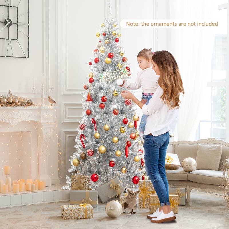 Gymax 7 FT Pre-lit Artificial Silver Tinsel Christmas Tree Slim Pencil