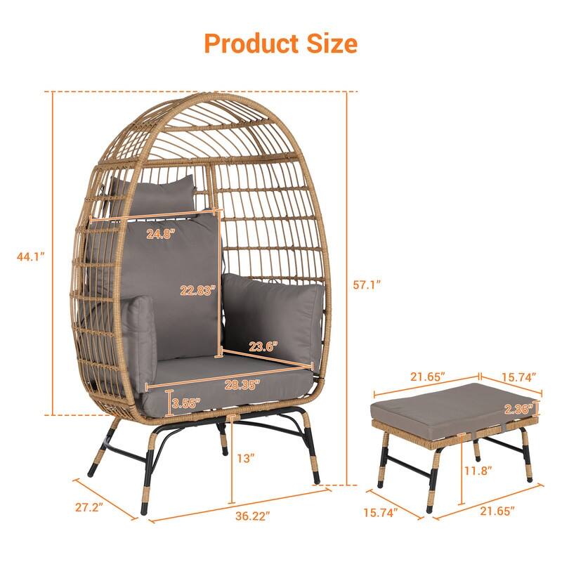 Wicker Egg Chair with Ottoman, Oversized Indoor Outdoor Lounger for Patio, Backyard, Living Room
