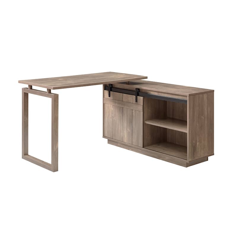L-Shaped Home Office Desk with Storage Credenza - Light Brown