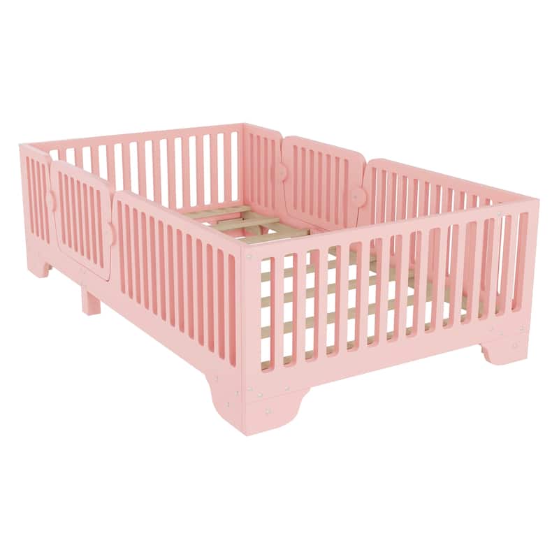 Kids Floor Bed with Safety Fence and Removable Door for Boys Girls
