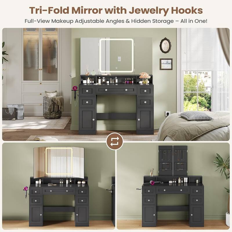 Makeup Vanity Trifold Mirror Charging Station 5 Drawers LED Light Hidden Jewelry Hook
