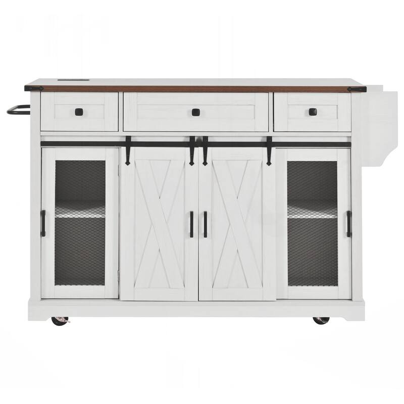Farmhouse Kitchen Island with Storage, Rolling Kitchen Island on 5 Wheels with Spice Rack